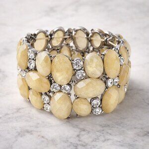 Gold Shimmer Faceted Stone & Rhinestone Stretch Bracelet Statement Cuff